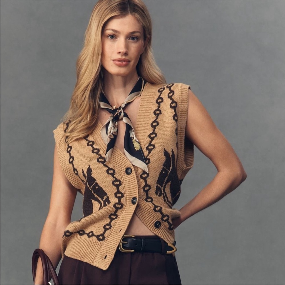Anthropologie Moon River Tan and Dark Brown Knit Button-Front Vest